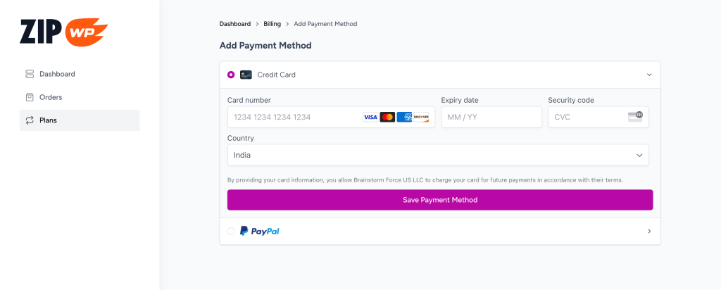 select the payment method and provide payment credentials