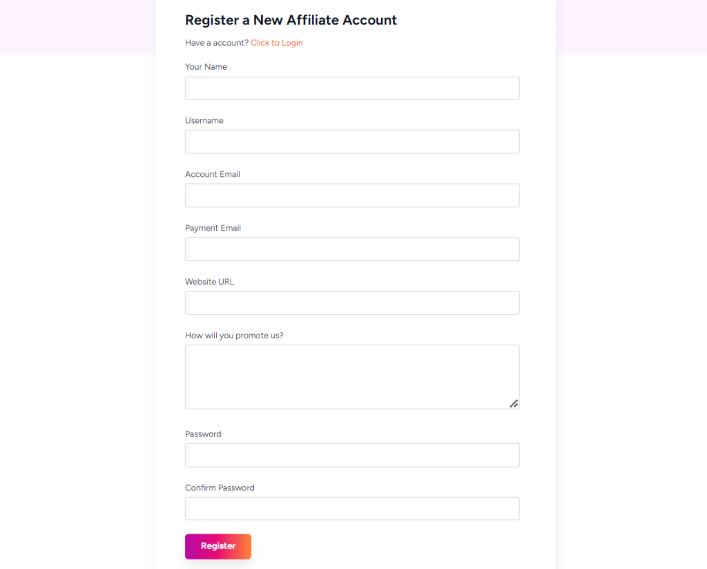 Register New Affiliate Account