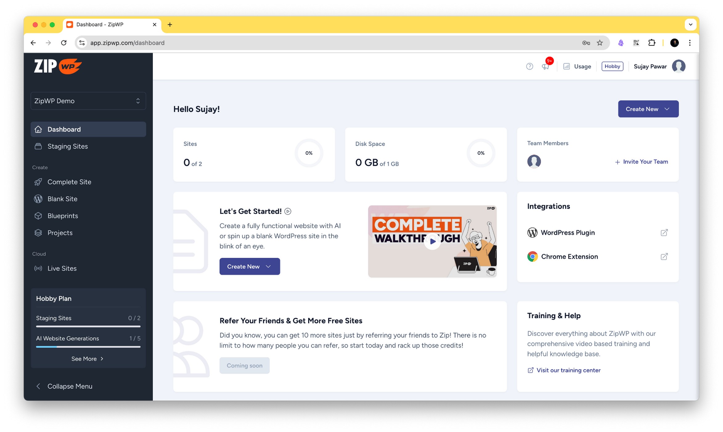 the ZipWP dashboard