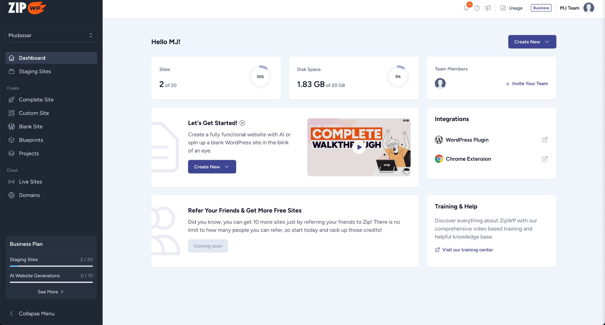 zipwp dashboard