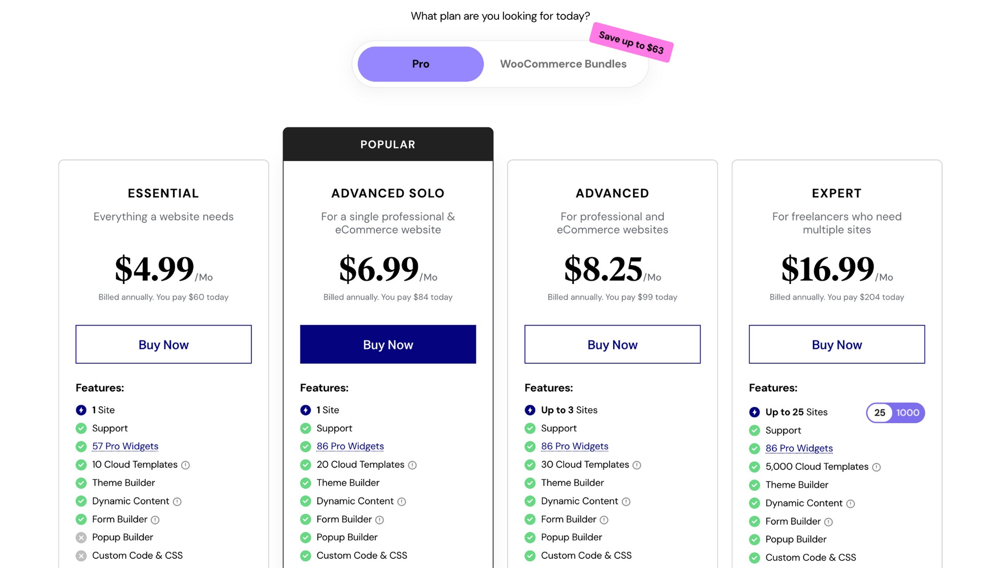 elementor pricing page